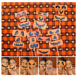 the different kind of Halloween photo booth props pumpkin eyes, noses and mouths let's be pumpkins can be used as carving stencils too image 1