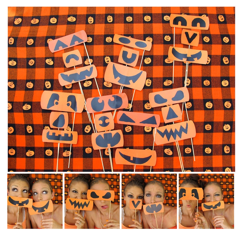 the different kind of Halloween photo booth props pumpkin eyes, noses and mouths let's be pumpkins can be used as carving stencils too image 1