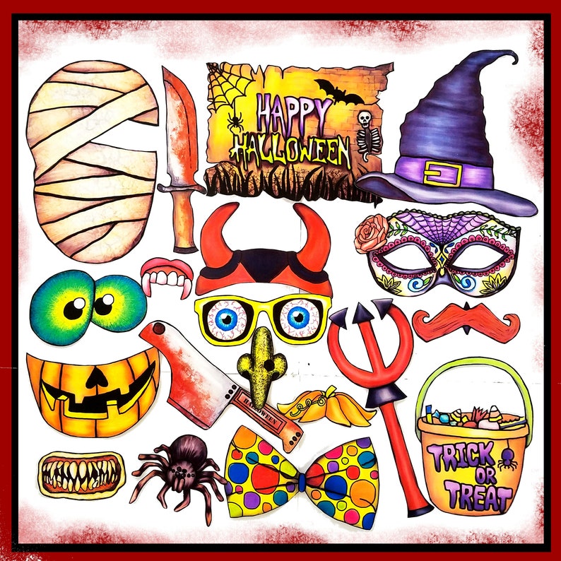 May include: A set of 14 Halloween-themed photo booth props, including a witch's hat, a mask, a pumpkin, a spider, a pair of googly eyes, a devil's horns, a pair of glasses, a knife, a mummy, a bow tie, a bucket with candy, a mustache, a trident, and a sign that says "Happy Halloween".