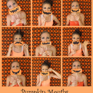 the different kind of Halloween photo booth props pumpkin eyes, noses and mouths let's be pumpkins can be used as carving stencils too image 4