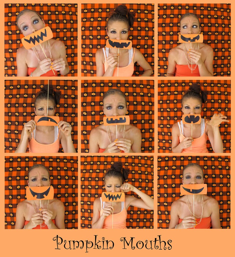 the different kind of Halloween photo booth props pumpkin eyes, noses and mouths let's be pumpkins can be used as carving stencils too image 4