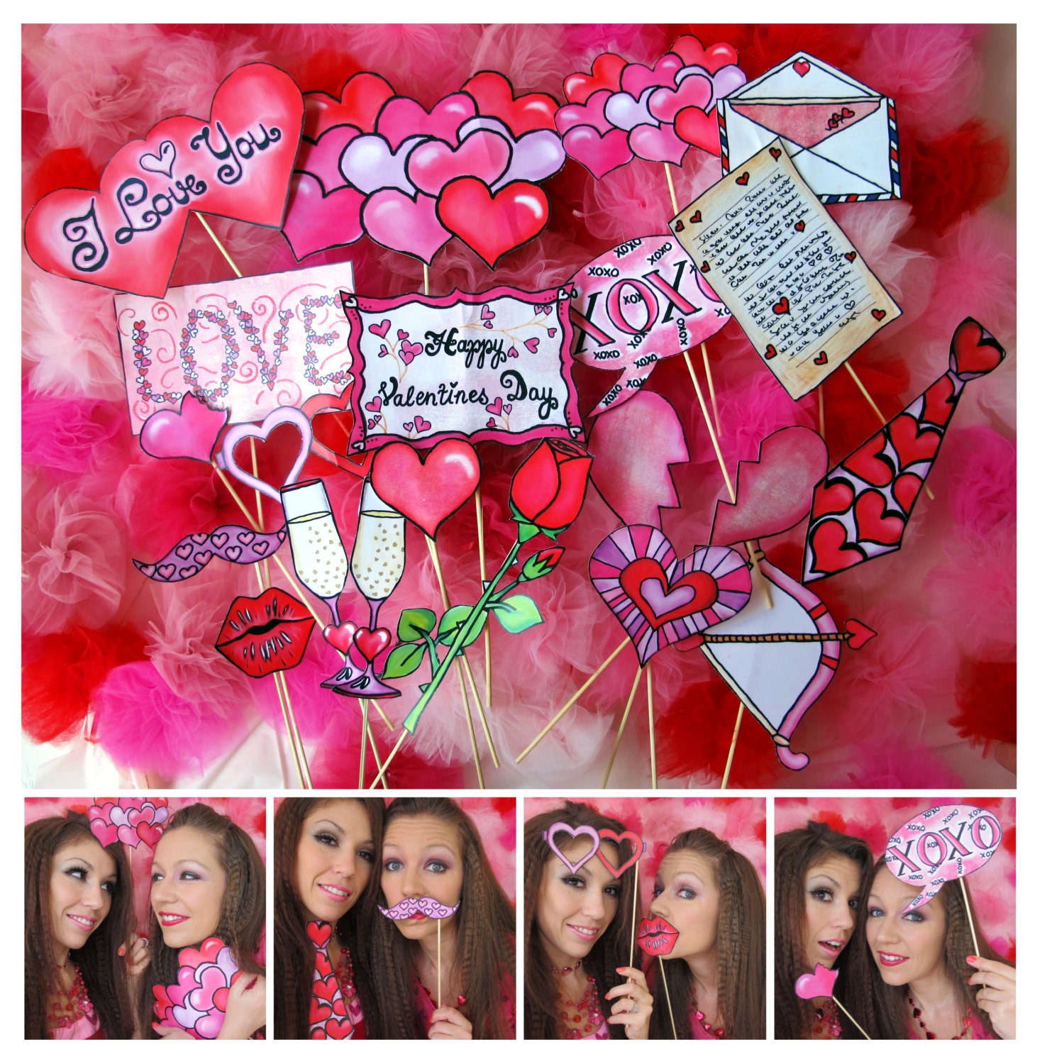 Valentines Day Photo Booth Props 3 GLITTER FOAM Hearts on a 