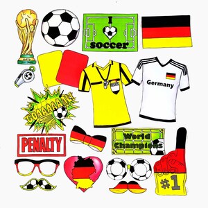 May include: A set of 14 colorful photo booth props with a soccer theme. The props include a soccer ball, a referee jersey, a goal sign, a penalty sign, a world champion sign, a German flag, a bow tie, a mustache, glasses, a heart with a German flag, a foam finger, and a whistle.