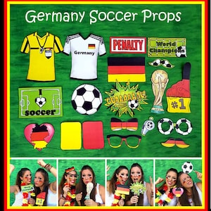 May include: A set of printable photo booth props for a soccer party. The props include a soccer ball, a penalty sign, a World Champions sign, a soccer jersey, a soccer field, a German flag, a bow tie, a mustache, a whistle, a pair of glasses, and a heart with the German flag colors.