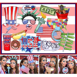 Può includere: Un set di 12 accessori per foto booth a tema patriottico. Gli accessori includono un cappello a cilindro rosso, bianco e blu, una corona della Statua della Libertà, occhiali da sole, un baffo, un hot dog, una ciambella, un bicchiere di soda, un cartello USA, una mappa degli Stati Uniti, un cartello che dice "Orgoglioso di essere americano" e un cartello con i nomi delle principali città degli Stati Uniti.