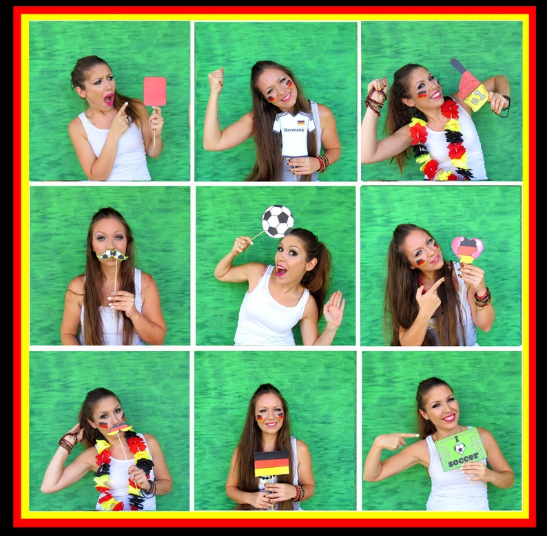 May include: Nine women dressed in various outfits and holding props related to soccer. The women are wearing face paint and holding props like a soccer ball, a red card, a mustache, a heart, and a sign that says "I love soccer".