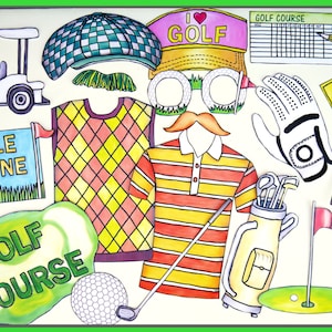 May include: A set of colorful printable golf-themed party props, including a golf cart, a golfer, a golf bag, a golf glove, a golf ball, a golf club, a hole-in-one sign, a golf course sign, and a golf champion trophy.