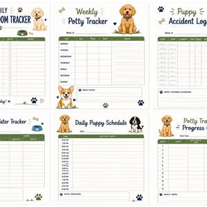 May include: A set of six printed dog care tracking sheets featuring illustrations of various dog breeds. The charts include Daily Dog Bathroom Tracker, Weekly Potty Tracker, Puppy Accident Log, Food & Water Tracker, Daily Puppy Schedule, and Potty Training Progress Chart with columns for dates, times, and notes.