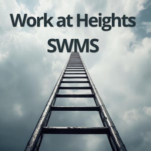 May include: A long, dark metal ladder extends vertically toward a cloudy sky. The text Work at Heights SWMS is printed in dark gray letters at the top of the image, centered above the ladder, which reaches upward into the overcast atmosphere.
