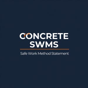 May include: A dark navy blue square graphic featuring the white text CONCRETE SWMS in a bold sans-serif font, with an orange accent above the first letter C. A horizontal orange line separates the main title from the text Safe Work Method Statement.