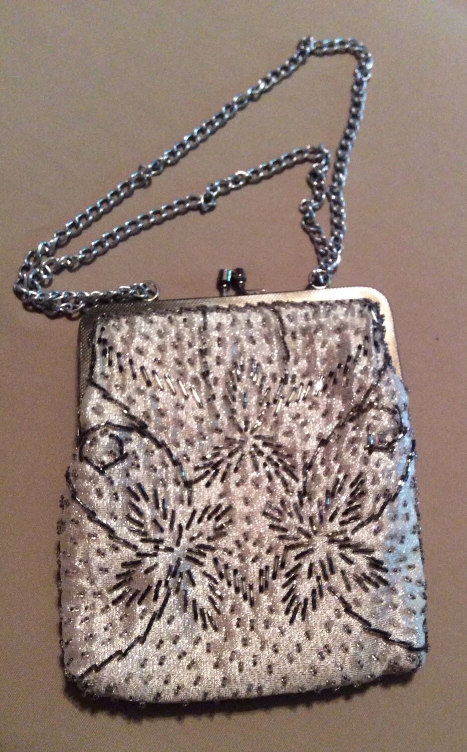 Vintage White Beaded Purse Hand Made in Hong Kong perfect for Etsy