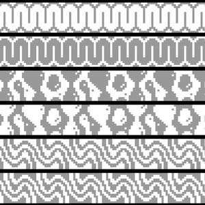 Puede incluir: Un conjunto de seis tiras rectangulares horizontales con patrones de arte de píxeles. Las dos tiras superiores muestran un diseño geométrico de meandro en blanco y gris. Las dos del medio muestran un patrón orgánico de manchas en blanco y gris. Las dos inferiores muestran un patrón de líneas onduladas en blanco y gris.