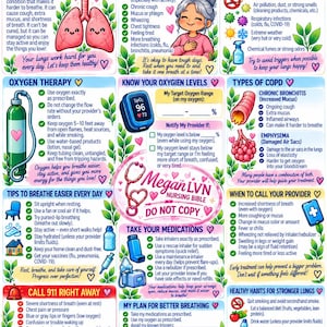 May include: An educational infographic titled COPD Chronic Obstructive Pulmonary Disease featuring sections on symptoms, oxygen therapy, medication, and healthy habits. The layout includes illustrations of lungs, an ambulance, and medical equipment.
