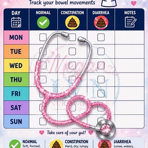 May include: A Poop Chart tracker with a weekly grid, columns for normal, constipation, and diarrhea, and a pink glittery stethoscope overlay. The chart includes text labels, a toilet icon, and a medical disclaimer at the bottom.