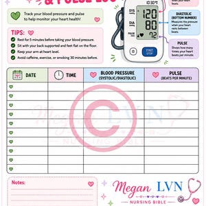 Puede incluir: Una hoja impresa de registro de presión arterial y pulso con el título MY BLOOD PRESSURE & PULSE LOG, una ilustración de un monitor digital, consejos de salud y una tabla con columnas para fecha, hora, presión arterial y pulso.