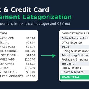 May include: A digital infographic titled Bank & Credit Card Statement Categorization showing a transformation from a raw PDF statement list to a clean CSV file with categorized totals, including specific transaction names and dollar amounts.
