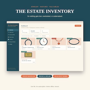 May include: A digital dashboard interface titled The Estate Inventory, featuring a dark teal sidebar with navigation links and a light cream main area displaying item cards for jewelry, watches, and valuables with icons and text labels.