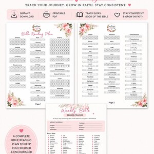 May include: A printable Bible reading plan featuring floral accents and pink text. The document includes two pages of book checklists with checkboxes and a weekly reading tracker page with sections for daily schedules and monthly progress reviews.