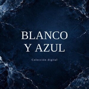 Può includere: Un grafico digitale caratterizzato da una texture in marmo blu scuro con venature bianche. Al centro dell'immagine si trova il testo bianco BLANCO Y AZUL, con il testo bianco più piccolo Colección digital posizionato sotto il titolo.