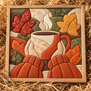 May include: A square fabric wall art piece in a light wood frame featuring a quilted design of two hands holding a steaming mug. The scene includes autumn-colored leaves in shades of red, orange, and green, with a textured fabric finish.