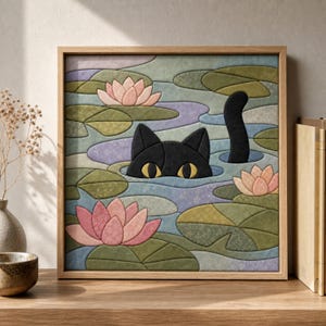 May include: A square framed wall art piece featuring a fabric-textured mosaic of a black cat peeking out from a pond. The scene includes light green lily pads, soft pink lotus flowers, and patches of light blue and lavender water in a quilt-like style.