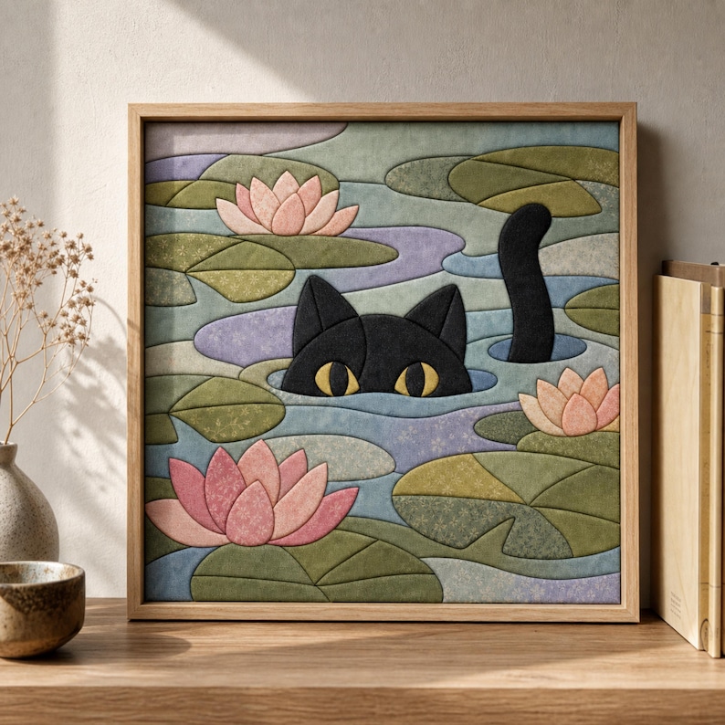 May include: A square framed wall art piece featuring a fabric-textured mosaic of a black cat peeking out from a pond. The scene includes light green lily pads, soft pink lotus flowers, and patches of light blue and lavender water in a quilt-like style.