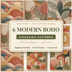 Könnte beinhalten: Ein PDF-Musterset mit dem Titel STORYFERN 6 MODERN BOHO KINUSAIGA PATTERNS abstract shapes & soft curves. Das Bild zeigt sechs quadratische Stoffkunstwerke mit geometrischen und organischen Formen in erdigen Farbtönen.