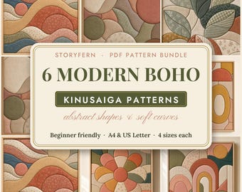 May include: A PDF pattern bundle titled STORYFERN 6 MODERN BOHO KINUSAIGA PATTERNS abstract shapes & soft curves. The image displays six square fabric art pieces featuring geometric and organic shapes in muted earth tones and textures.