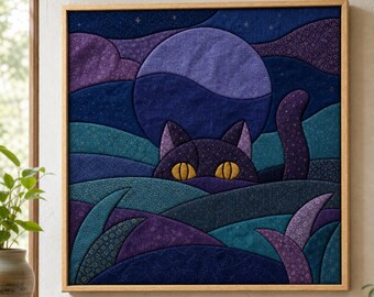 May include: A square fabric wall art piece in a wooden frame featuring a dark purple and blue landscape with a large moon. A black cat with bright yellow eyes peeks over a rolling hill, with a tail visible, set against a starry night sky.