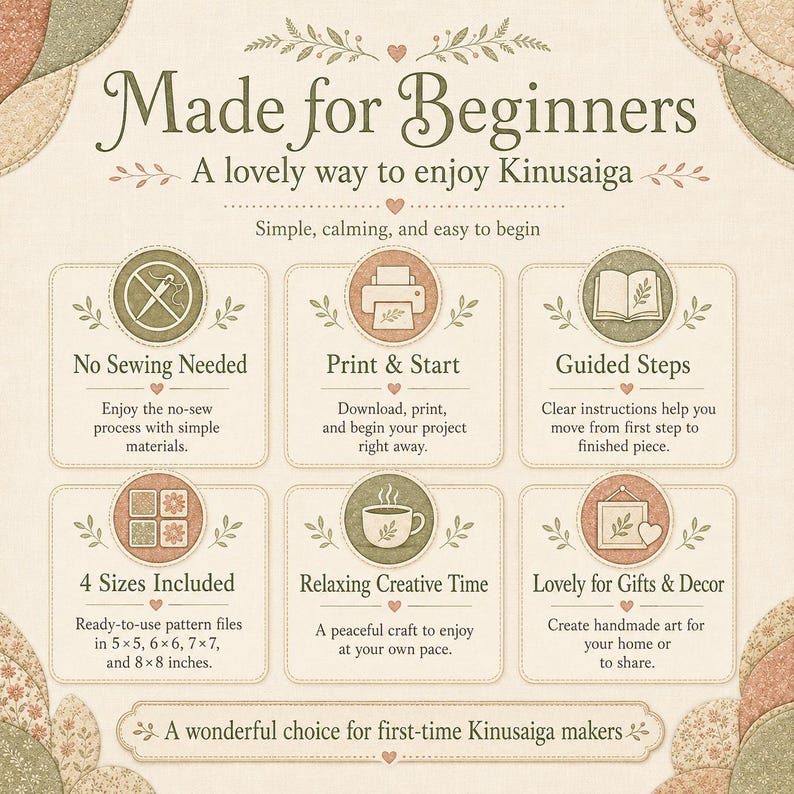 May include: An instructional graphic for Kinusaiga projects titled Made for Beginners. It features six circular icons with text explaining no sewing needed, print and start, guided steps, 4 sizes included, relaxing creative time, and gifts and decor.