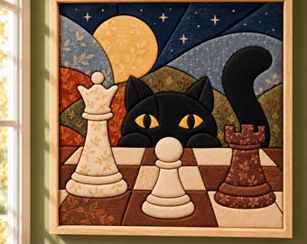 May include: A square fabric wall art piece in a light wood frame featuring a black cat with yellow eyes peering over a chessboard. The board includes a white queen, a white pawn, and a brown rook, all set against a background of stylized hills, a large yellow moon, and a dark blue starry night sky.