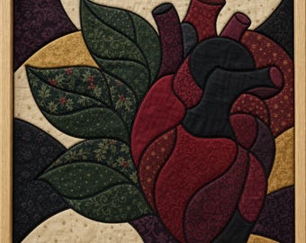 Quilted Heart Kinusaiga Pattern PDF, Beginner Printable Kit, Gothic Botanical No-Sew Fabric Art Template, SVG