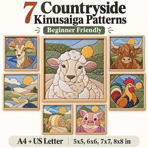 Puede incluir: Una colección de 7 patrones Kinusaiga con animales de granja y paisajes, incluyendo una oveja, cabra, vaca, gallo, cerdo y paca de heno. El texto dice 7 Countryside Kinusaiga Patterns, Beginner Friendly, A4 + US Letter, 5x5, 6x6, 7x7, 8x8 in.