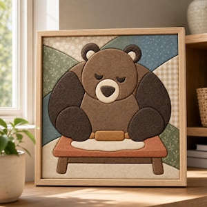 May include: A square framed fabric wall art piece featuring a brown bear rolling out dough on a wooden table. The bear has dark brown fur, a light muzzle, and closed eyes. The background consists of geometric fabric panels in blue, green, and beige.