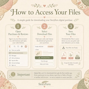 May include: An instructional graphic titled How to Access Your Files, outlining three steps for downloading digital purchases. It features numbered icons, text instructions, and a section labeled Important, noting that files cannot be downloaded via the app.