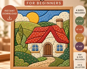 May include: A Kinusaiga pattern for beginners featuring a cottage with a red roof, green hills, and a yellow sun. The image includes text: Kinusaiga Pattern, For Beginners, Instant Download, 4 Sizes Included, 5x5, 6x6, 7x7, 8x8, PDF & SVG Included, A4 & US Letter.