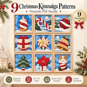 Könnte beinhalten: Ein druckbares PDF-Paket mit 9 weihnachtlichen Kinusaiga-Mustern. Das Raster zeigt quadratische Bilder einer Kerze, Zuckerstange, Christbaumkugel, eines Geschenks, Sterns, einer Glocke, eines Baums, Weihnachtssterns und eines Corgis.