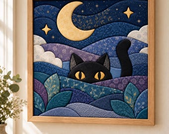 May include: A square framed wall art piece featuring a layered fabric-style illustration of a black cat with large yellow eyes peeking from behind rolling blue and purple hills under a night sky with a yellow crescent moon and gold stars.