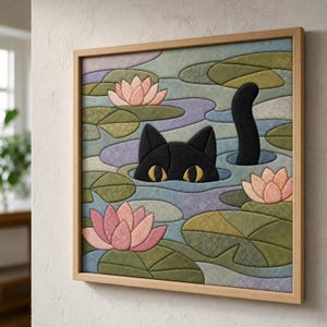 May include: A square framed wall art piece featuring a fabric-textured mosaic of a black cat with yellow eyes peeking out of a pond. The scene includes pink water lilies and green lily pads set against a background of blue and purple water.