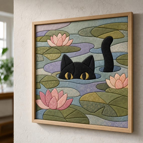 Lily Pond Cat Kinusaiga Pattern PDF: Beginner No-Sew Fabric Art Template