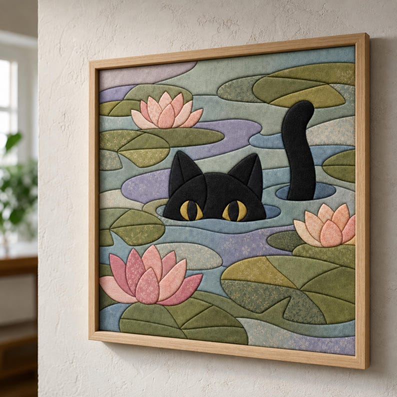 May include: A square framed wall art piece featuring a fabric-textured mosaic of a black cat with yellow eyes peeking out of a pond. The scene includes pink water lilies and green lily pads set against a background of blue and purple water.