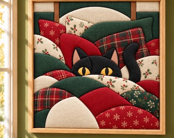May include: A square framed fabric wall art piece featuring a black cat with yellow eyes peeking out from behind layered, curved fabric sections in red, green, and cream colors, decorated with holiday patterns like holly and snowflakes.