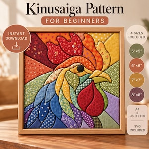 Tupp Kinusaiga-mönster PDF, nybörjarmall för tygkonst utan sömnad, väggdekoration med fågel i lantlig stil, japanskt hantverk, utskrivbart, direktnedladdning