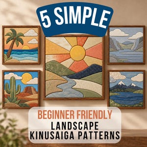 Puede incluir: Cinco cuadros cuadrados de tela enmarcados con paisajes, incluyendo una playa con palmera, un desierto con cactus, un lago de montaña y un sol central sobre colinas. El texto dice 5 SIMPLE BEGINNER FRIENDLY LANDSCAPE KINUSAIGA PATTERNS.