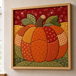 May include: A square framed wall art piece featuring a fabric pumpkin applique. The pumpkin is constructed from various orange, yellow, and green patterned fabric segments with a brown stem, set against a dark red floral background.
