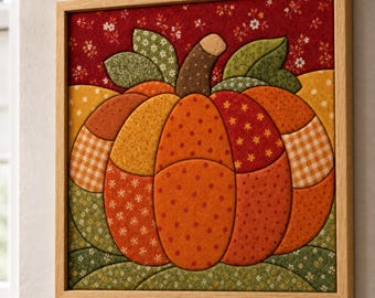 May include: A square framed wall art piece featuring a fabric pumpkin applique. The pumpkin is constructed from various orange, yellow, and green patterned fabric segments with a brown stem, set against a dark red floral background.