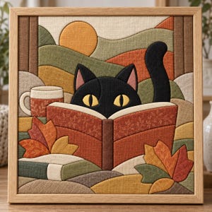 May include: A framed fabric wall art piece featuring a black cat with yellow eyes reading an open book. The scene includes a mug, autumn leaves, and a landscape background with rolling hills in shades of green, orange, and brown, all rendered in a textured, layered textile style.