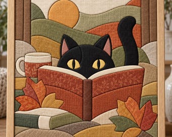 May include: A framed fabric wall art piece featuring a black cat with yellow eyes reading an open book. The scene includes a mug, autumn leaves, and a landscape background with rolling hills in shades of green, orange, and brown, all rendered in a textured, layered textile style.