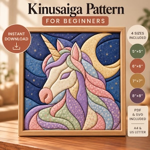 May include: A Kinusaiga pattern for beginners featuring a unicorn with a floral mane in pastel shades of pink, purple, and green against a dark blue starry sky and a yellow crescent moon. Includes 4 sizes: 5x5, 6x6, 7x7, and 8x8 inches.