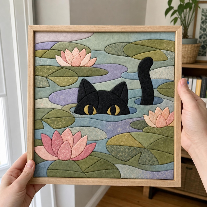 May include: A square framed fabric art piece featuring a black cat with yellow eyes peeking out of a pond filled with green lily pads and pink lotus flowers. The scene is constructed from various patterned fabric segments in a mosaic style.